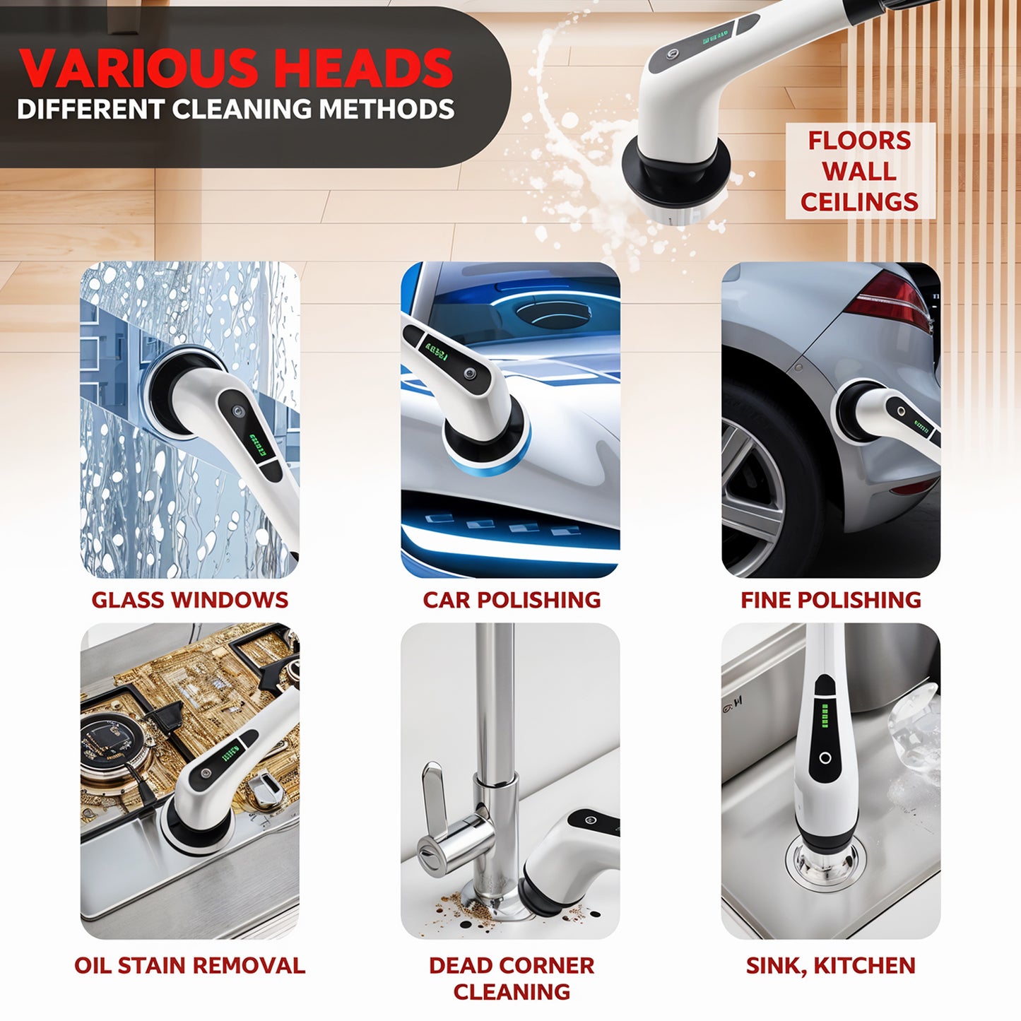 7-in-1 Electric Spin Scrubber Cleaning Brush With Extension Handle (1 Set)