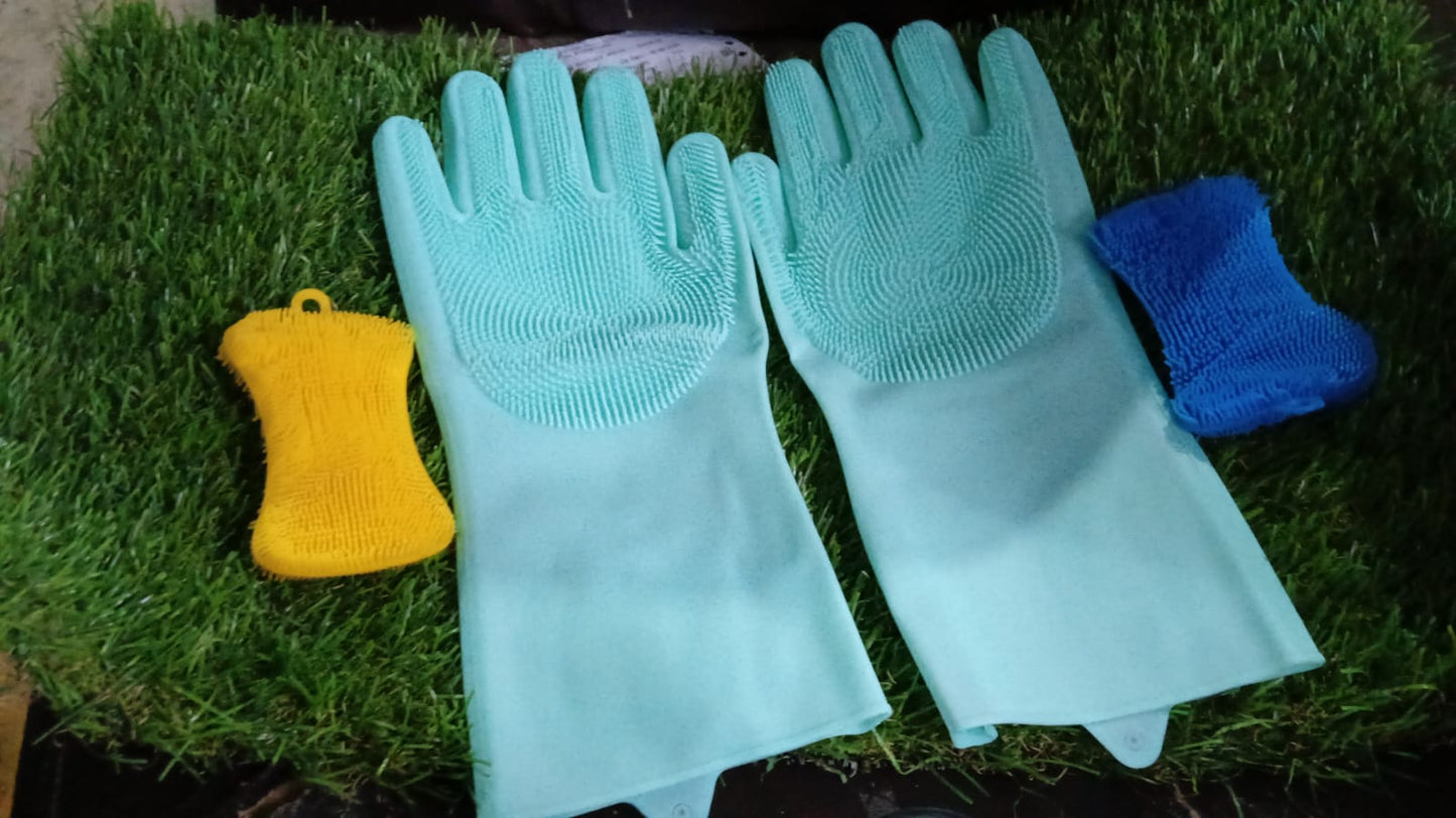 Silicone Kitchen Magic Gloves & Scrubber For Dishwashing & With Brush Cleaning Scrubber